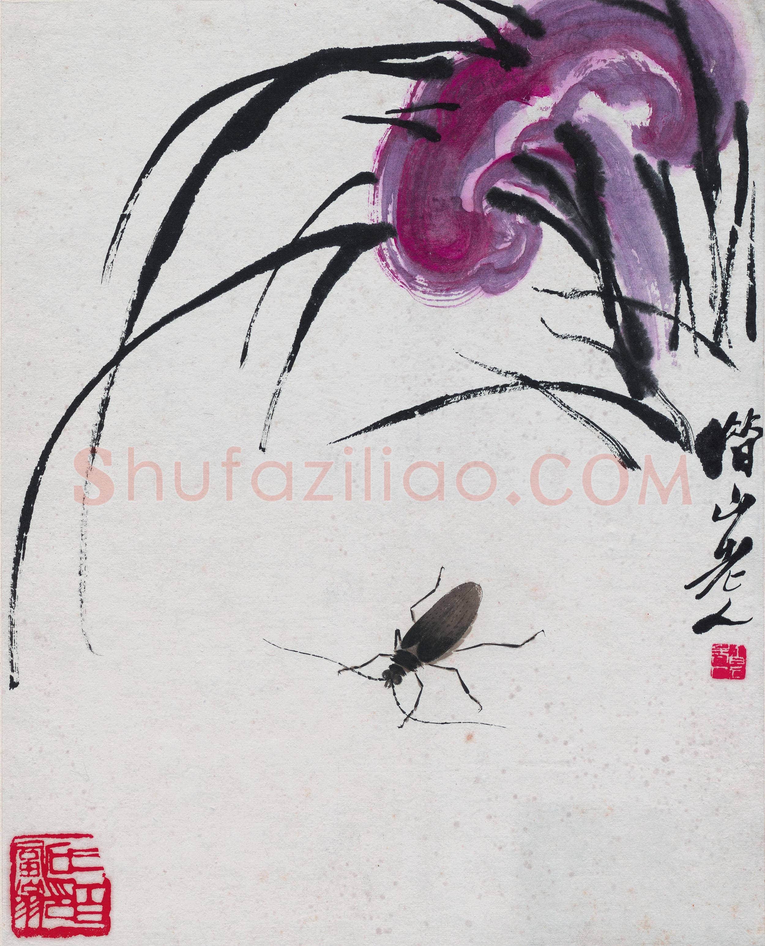 齐白石 灵芝、草和天牛