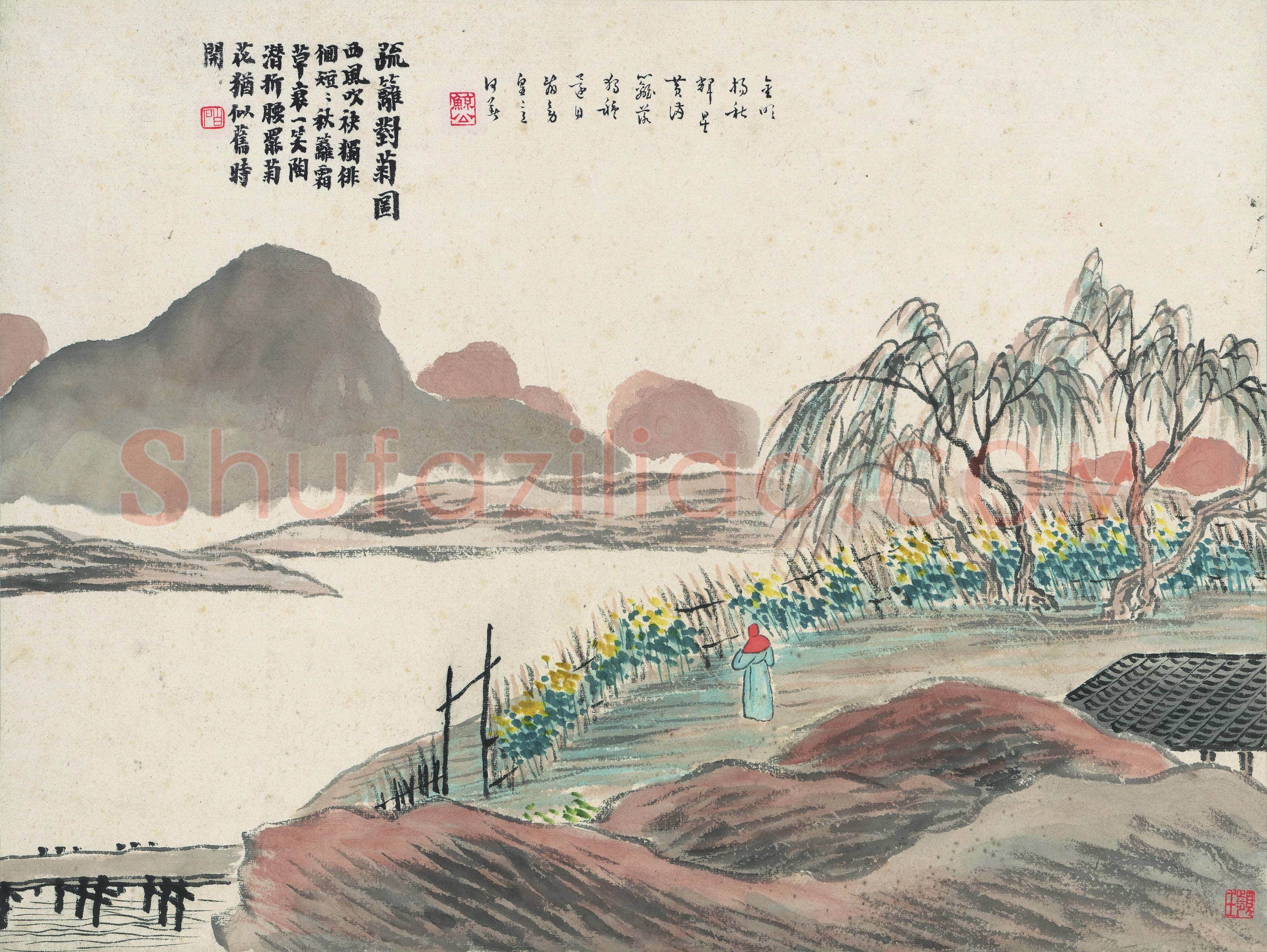 齐白石 疏篱对菊图