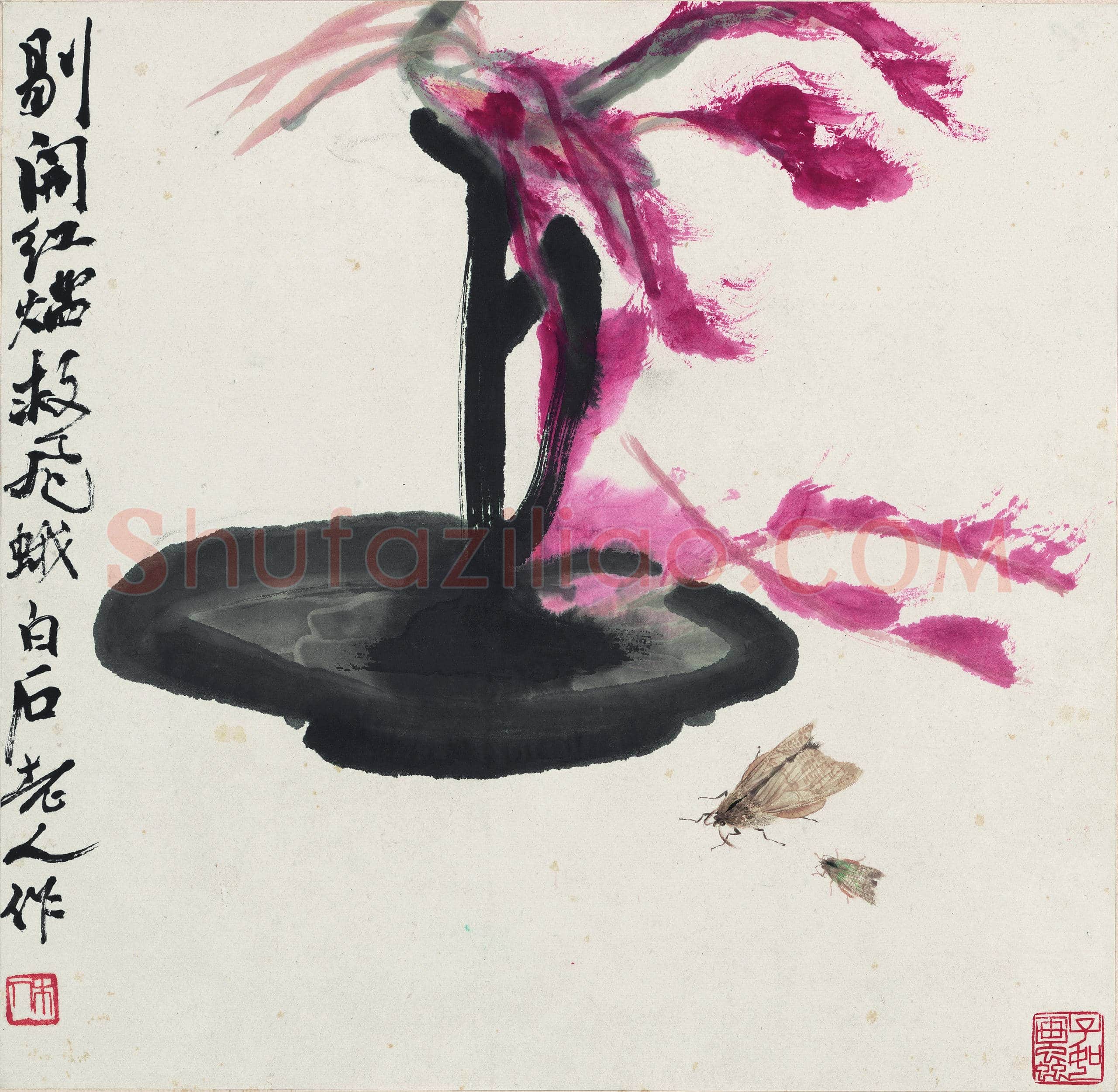 齐白石 红烛飞蛾图