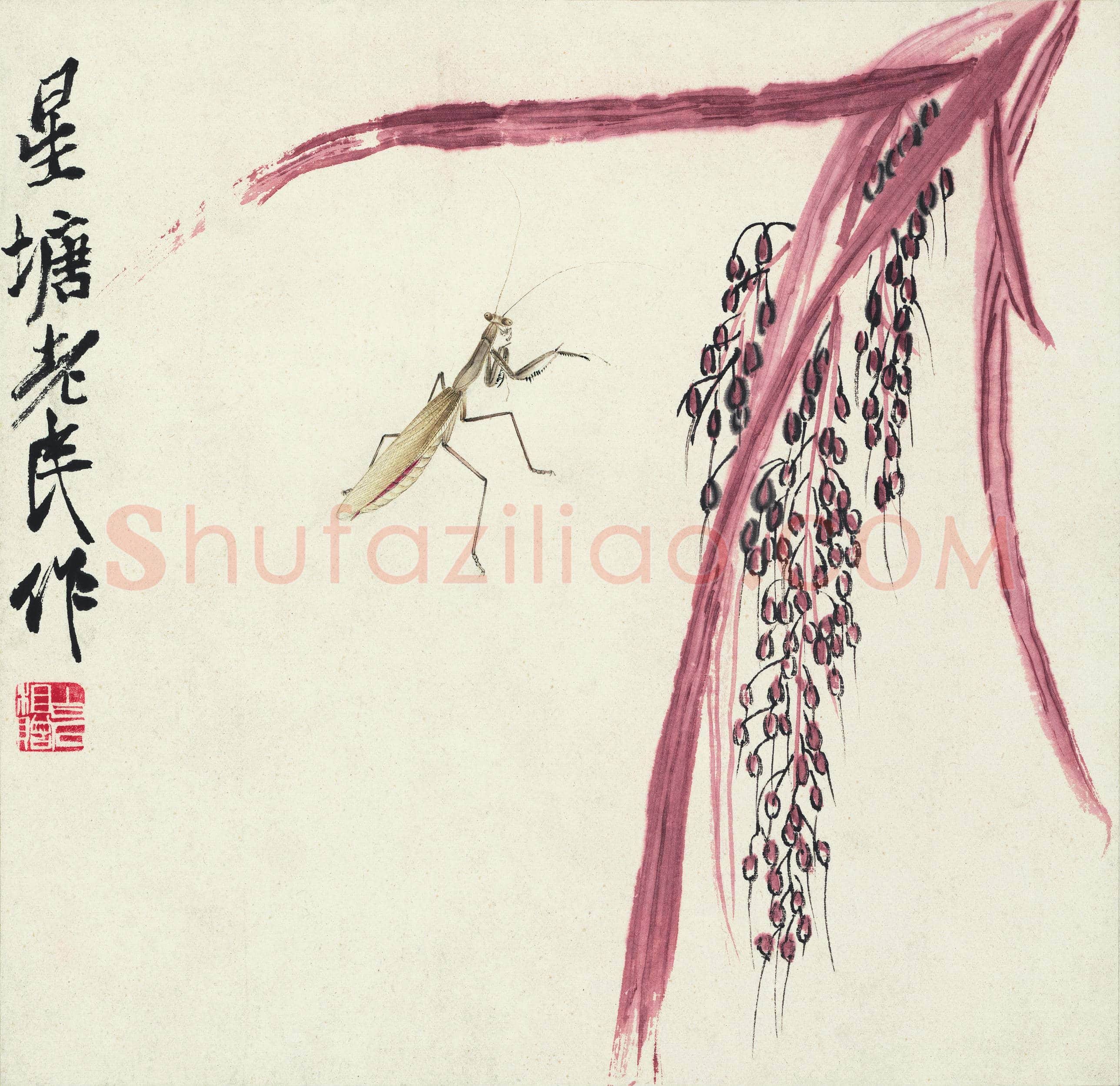 齐白石 螳螂谷穗图 纸本 345×345
