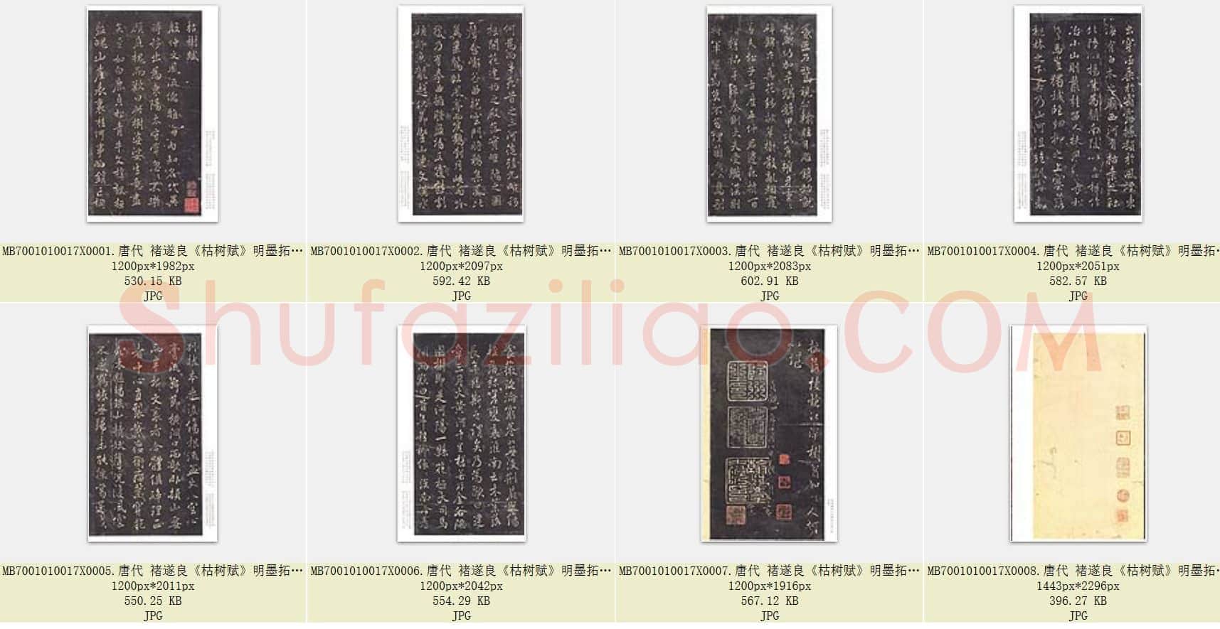 唐代 褚遂良《枯树赋》墨拓 明拓本 册 行书 日本三井纪念美术馆藏 共8页