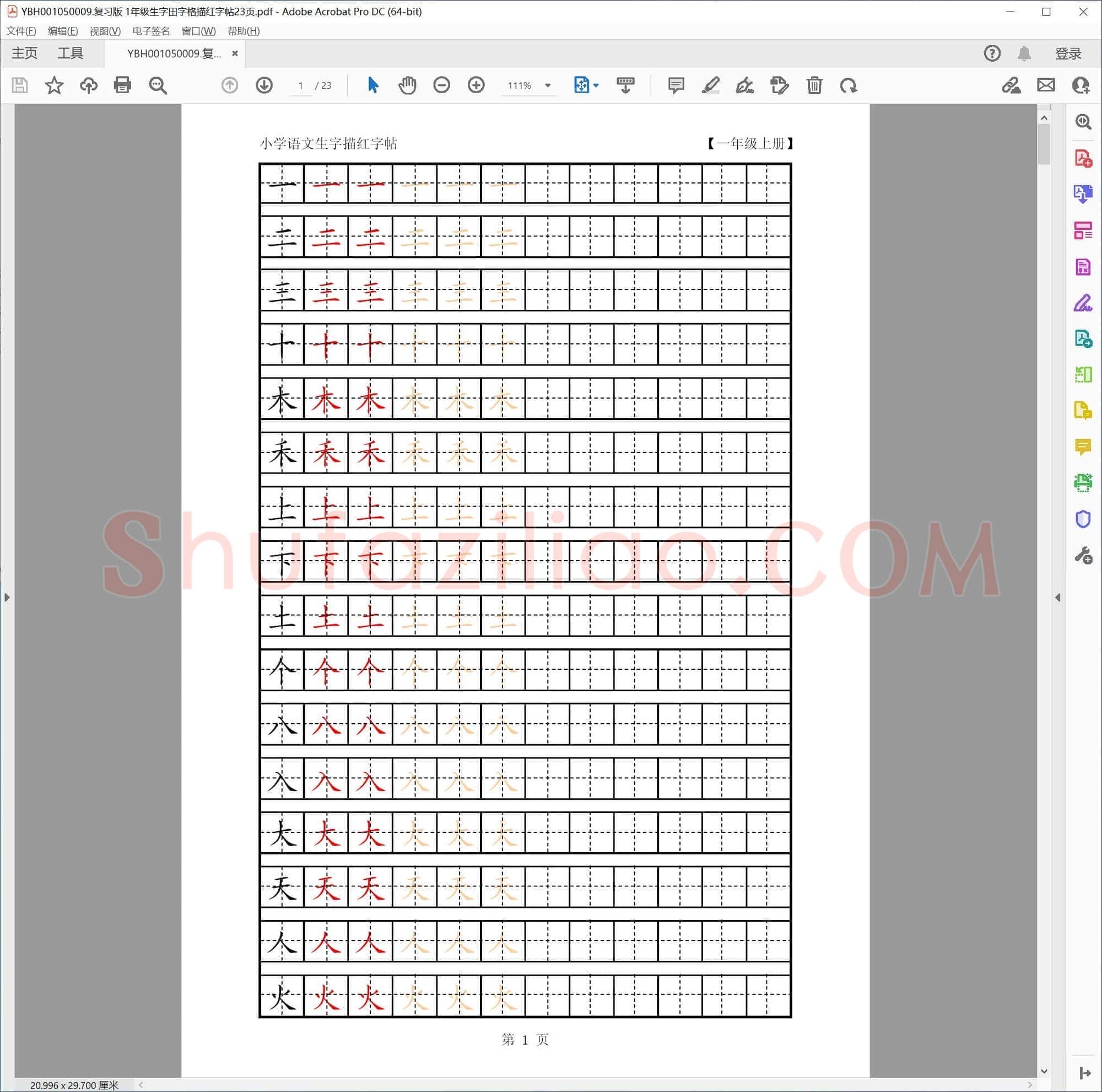 复习版 1年级生字田字格描红字帖23页